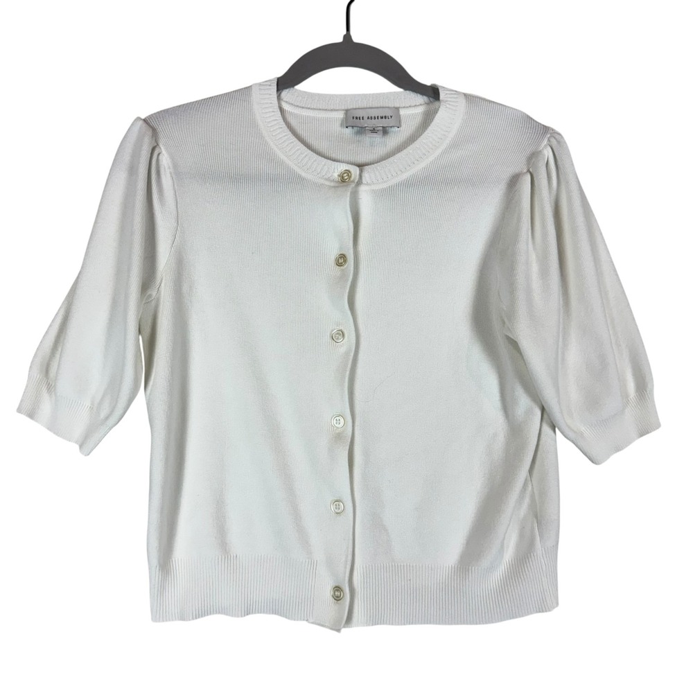 Free Assembly Sweater Womens Small White Button Cardigan Short Sleeve Puff Knit